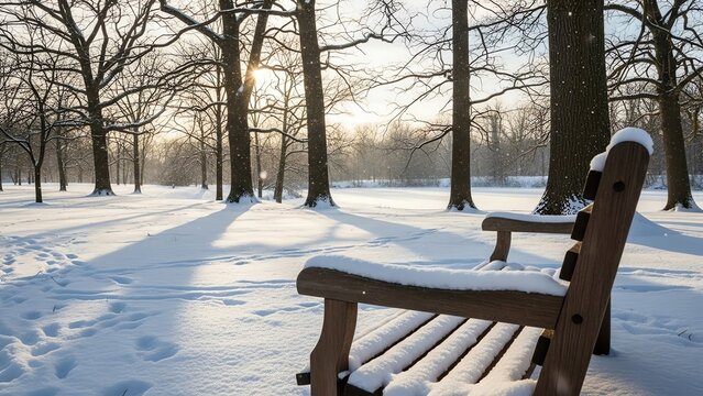 Snowy park bench in winter sunlight