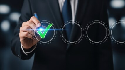 Quality Assurance Verification: Businessman hand marking green check box on virtual screen for task completion and compliance approval