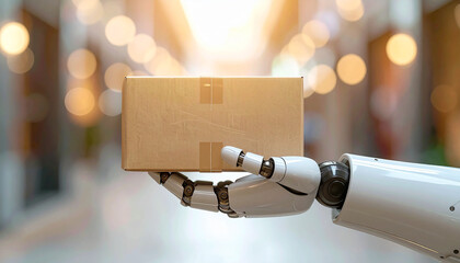 Robotic Arm and Parcel: A sleek, robotic arm holds a cardboard parcel, symbolizing the future of automated delivery and the integration of technology in logistics.