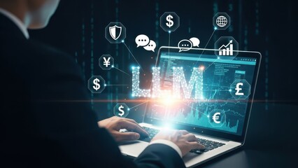Large Language Model LLM: Businessman using laptop with glowing LLM text and global financial icons for advanced ai data analysis