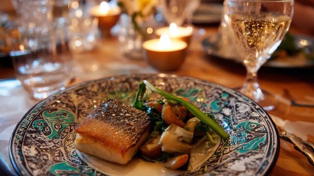 Delicious fish dish served on a patterned plate with vegetables at a dining table with candles and glassware during an evening meal