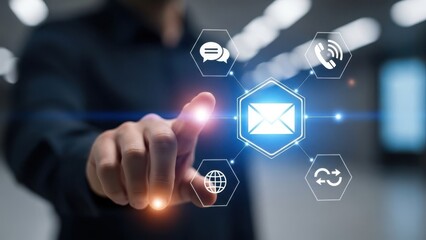 Digital Communication Network: Businessman touching glowing email envelope icon with connected contact icons for corporate messaging