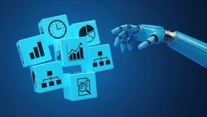 Robotic Process Automation: Blue robotic hand touching digital blocks with business charts and data icons for industrial AI optimization