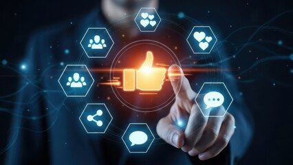 Customer Satisfaction Feedback: Businessman touching glowing orange like icon with social media heart and comment icons for positive reputation