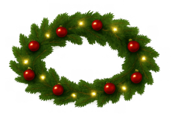 Christmas wreath of evergreen pine branches decorated with red baubles and glowing lights, transparent background