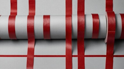 A detailed view of red ribbon intertwined on a gray background, showcasing patterns and textures.