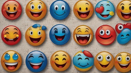 A vibrant collection of colorful emoticons displaying various facial expressions against a textured background.