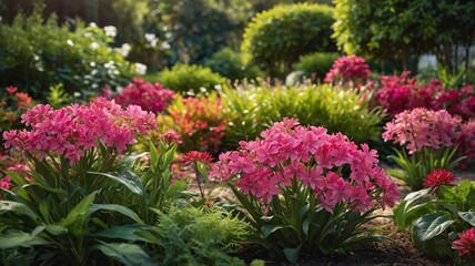 Vibrant pink flowers blooming in a lush garden, illuminated by soft sunlight, creating a serene and colorful atmosphere.