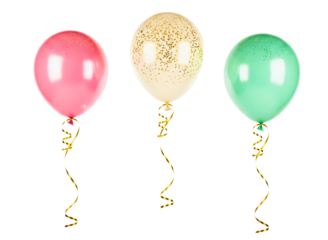 Three colorful balloons with gold streamers on transparent background for party decoration