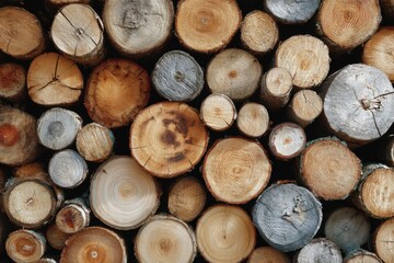 Fototapeta premium Pile of assorted wood logs in varying sizes ready for use in woodworking, construction, or outdoor fires during a sunny day in a rural setting