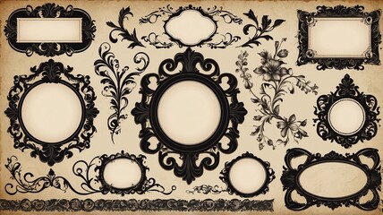 A collection of ornate black and white frames with floral and decorative elements, perfect for adding elegance to any design.