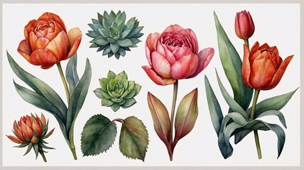 Vibrant floral composition featuring tulips and succulents in soft hues, showcasing nature's beauty.