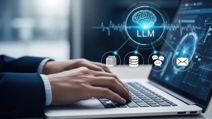 Language Model Technology: Professional typing on laptop with LLM brain icon and data processing symbols for artificial intelligence research