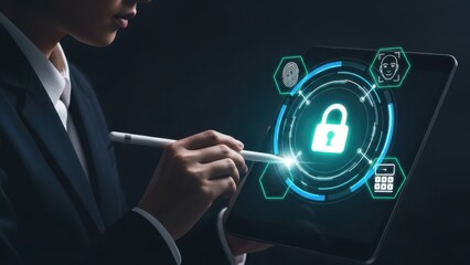 Mobile Security Management: Close up of businessman using tablet with glowing lock and biometric icons for digital data privacy protection
