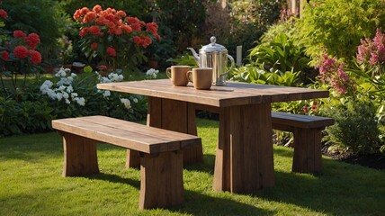 A wooden garden table set amidst vibrant flowers, perfect for a serene outdoor tea time.