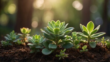 A vibrant collection of succulent plants basking in soft sunlight, showcasing their lush green leaves and intricate shapes.