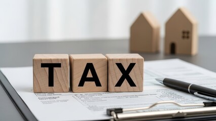 Tax Document Preparation: Wooden blocks spelling TAX on top of financial forms and paper documents for annual accounting and compliance