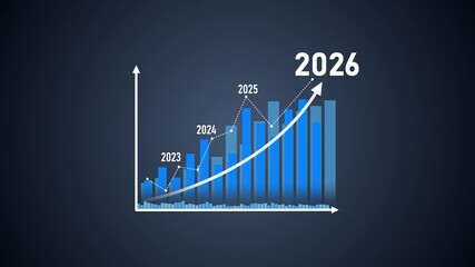 A business professional focuses on a growth graph highlighting years 2023 to 2026. The scene showcases financial planning and Motion graphics of stock market concept. - Powered by Adobe