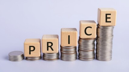 Pricing Strategy Visualization: Wooden blocks spelling PRICE on rising stacks of coins for financial market analysis and inflation monitoring