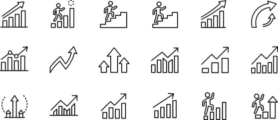Growth and Progress Icons Set &ndash; Upward Arrows, Bar Charts, Climbing Figures, Success Metrics, Business Improvement, Productivity, Achievement, Advancement
