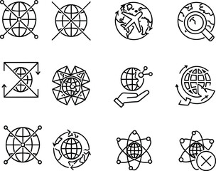 Global Connectivity and Data Exchange Icons Set &ndash; Airplane, Globe, Network Nodes, Search, Collaboration, International Travel, Communication, Restricted Access