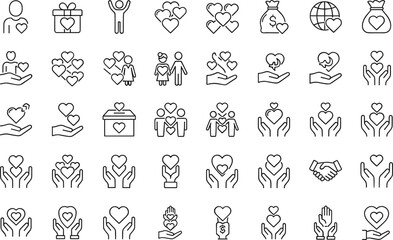 Charity and Donation Icons Set &ndash; Heart, Hands, Money Bag, Globe, Community, Support, Generosity, Love, Care, Giving, Nonprofit Symbols