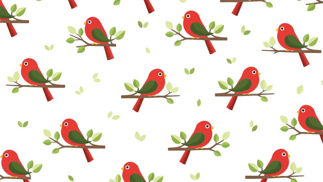 Charming Red Bird Vector Pattern with Green Leaves for Nature-Inspired Designs and Seasonal Decor