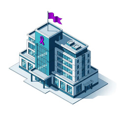 Isometric illustration of a modern hospital building with a purple ribbon symbol