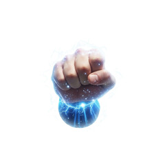 Powerful fist striking blue energy sphere