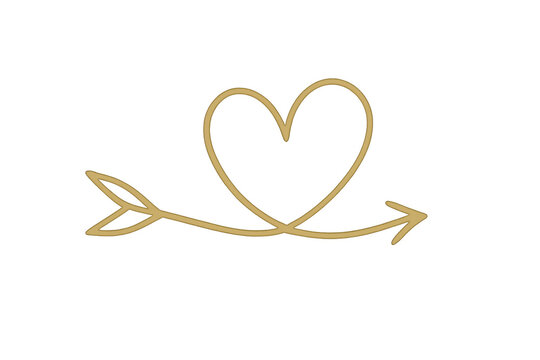 Gold heart arrow line art doodle on transparent background