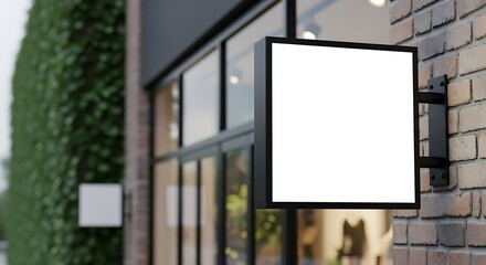 Blank square sign mockup on a brick wall of a modern building, perfect for branding and advertising display