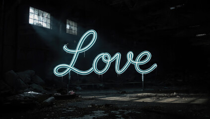 Neon 'Love' Sign in Abandoned Building