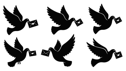 Obraz premium Set of black vector bird silhouettes featuring eagle and dove wings in flight for nature tattoo art and wildlife design icons
