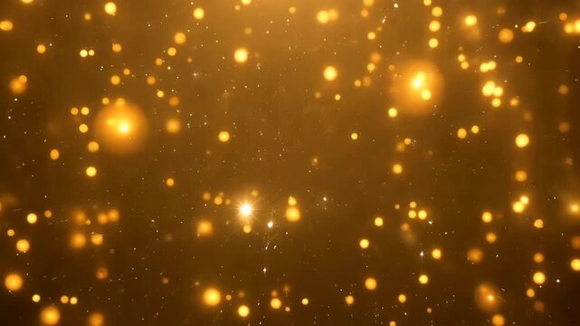 Abstract gold blurred bokeh background with lights particles on dark background. Defocused photo effect. Slow motion. New year and Christmas. 4K, social media