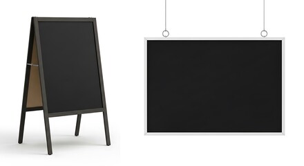 Blank blackboards set including a standing aframe chalkboard sign and a hanging rectangular menu board, isolated on white background