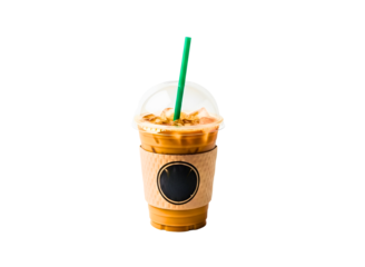 A delicious iced coffee drink with a green straw in a disposable cup isolated on transparent background