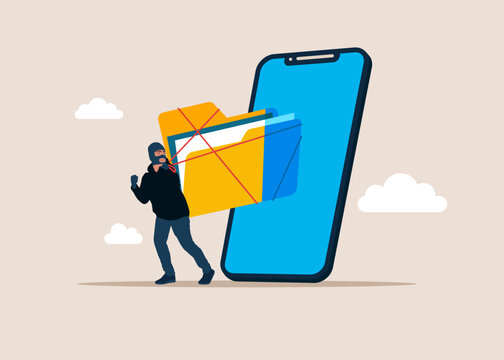 Thief stealing files data from a mobile phone, burglar with folder. Fraud, Hacking and Cyber Crime. Organizing file and document in database. Flat vector illustration