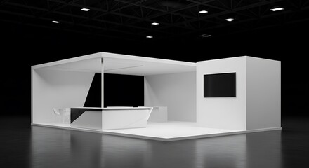 Contemporary empty trade show booth design featuring sleek white walls and dark display screens in a professional setting