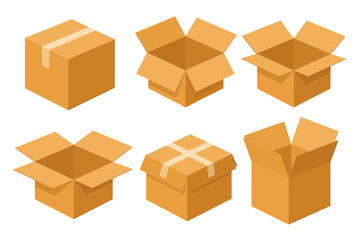 Fototapeta premium Set of six brown cardboard boxes in various open positions