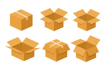 Fototapeta premium Set of six cardboard boxes in various open and closed states