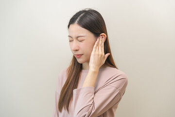 Tinnitus concept, sick asian young woman, girl have ear pain or earache, hand touch plug ear,...