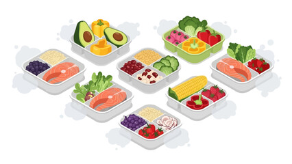 Colorful isometric bento box collection featuring fresh produce and salmon