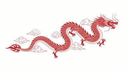 Obraz premium Vibrant red Chinese dragon illustration soaring through stylized clouds, a symbol of power and good fortune in Asian culture