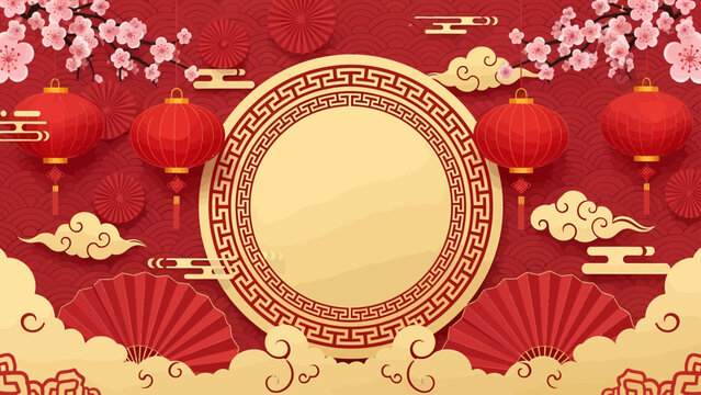 Festive Chinese New Year background with red lanterns, cherry blossoms, and traditional golden elements surrounding a blank circular frame, ideal for greetings
