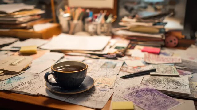 Cup of coffee sits on a messy desk covered with papers and notes during a work session in the afternoon sunlight
