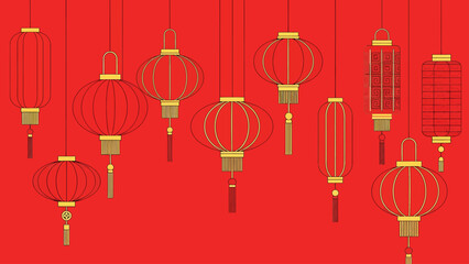 Collection of hanging Chinese lanterns on a vibrant red background, symbolizing tradition and celebration