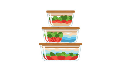 Colorful food storage containers with fresh vegetables and fruits in modern flat design