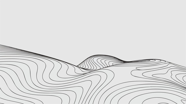 Abstract wavy lines creating illusion of landscape topography contour map on light background, minimalist wireframe art