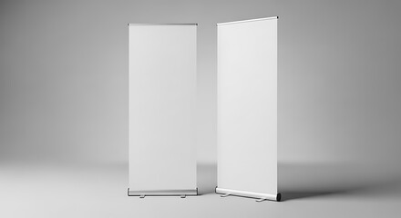 Two blank white rollup banners standing side by side, ready for custom branding and advertising display in a professional setting