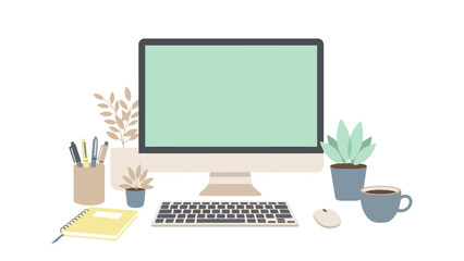 Minimalist workspace with desktop, plants, and coffee cup on desk